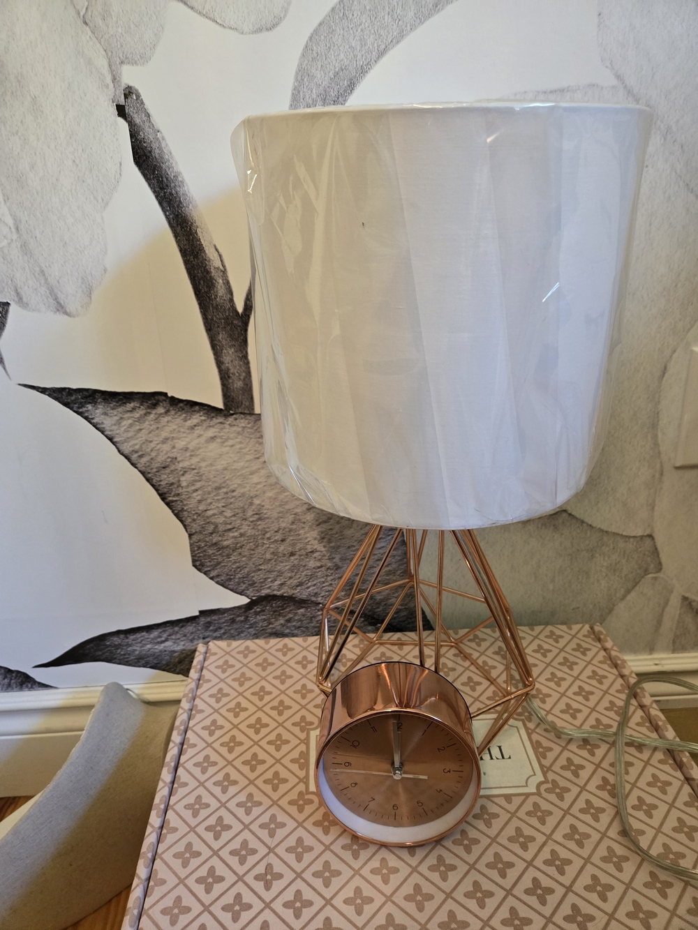 White Shade Table Lamp with Rose Gold Geometric Base and Clock